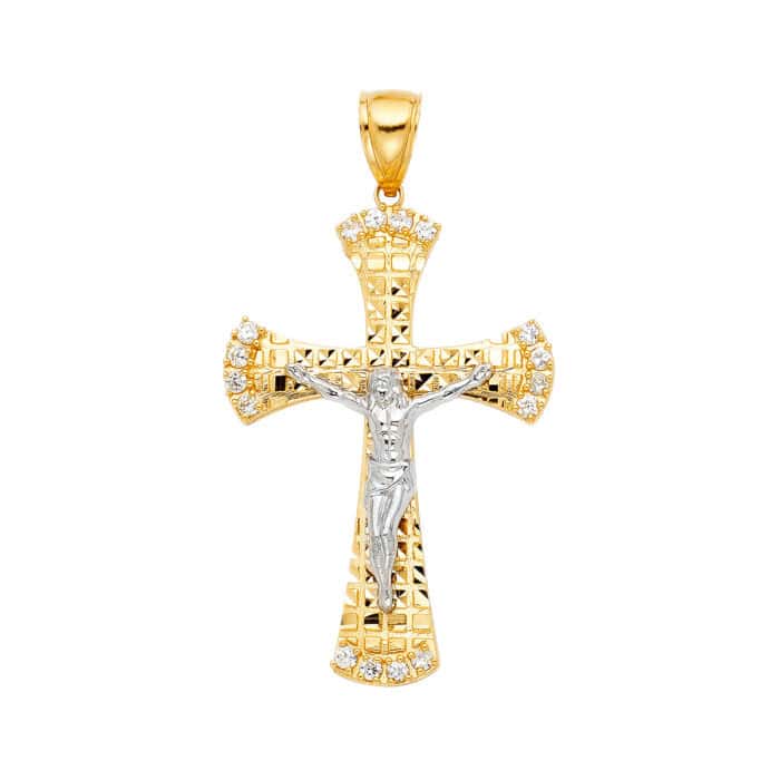 14K Yellow Gold Cubic Zirconia Religious Crucifix Pendant