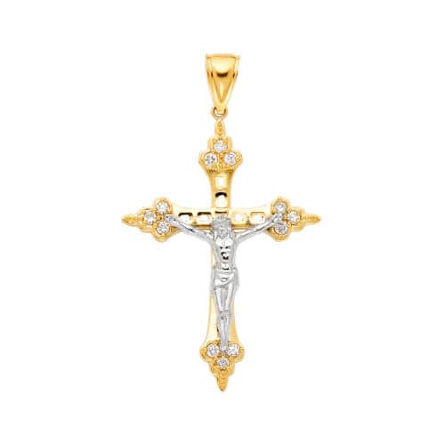 14K Yellow Gold Cubic Zirconia Religious Crucifix Pendant
