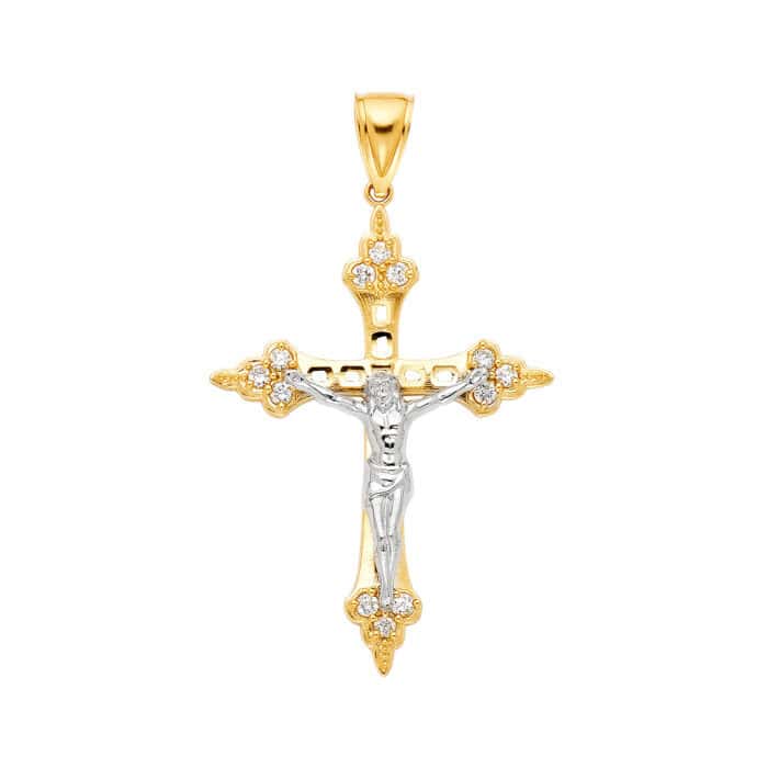 14K Yellow Gold Cubic Zirconia Religious Crucifix Pendant