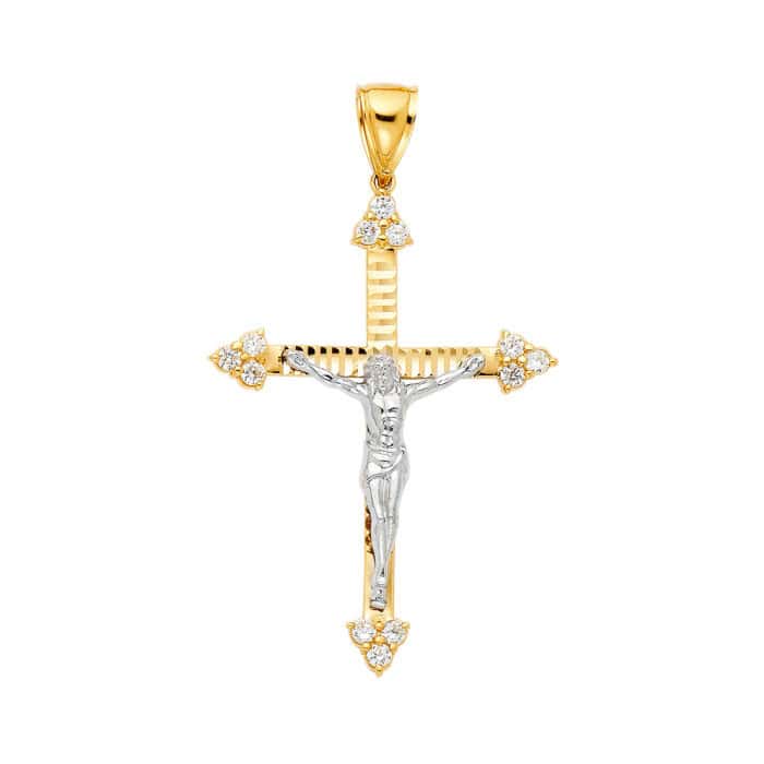 14K Yellow Gold Cubic Zirconia Religious Crucifix Pendant