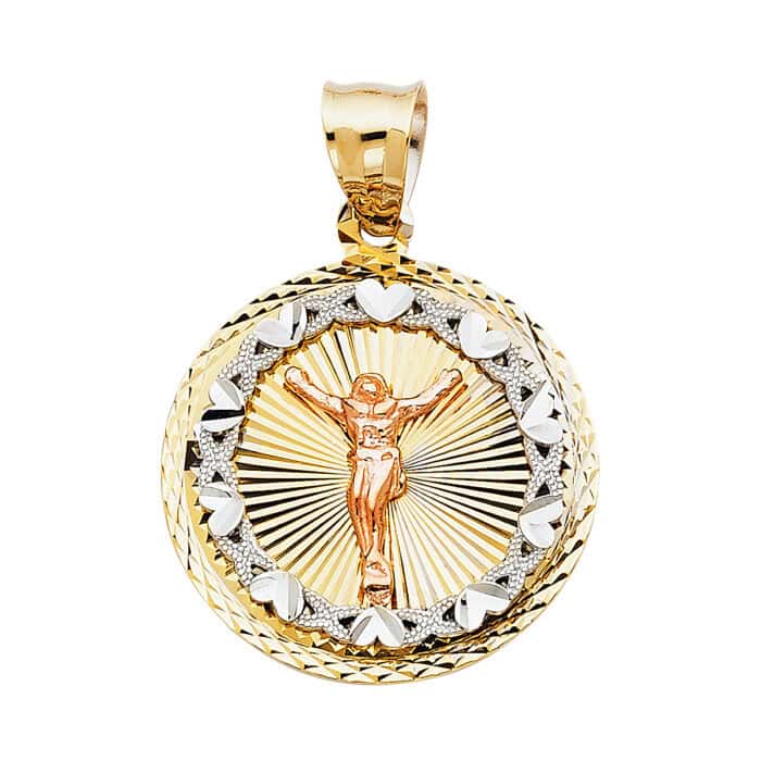 14K Tri Color Gold Religious Crucifix Stamp Pendant