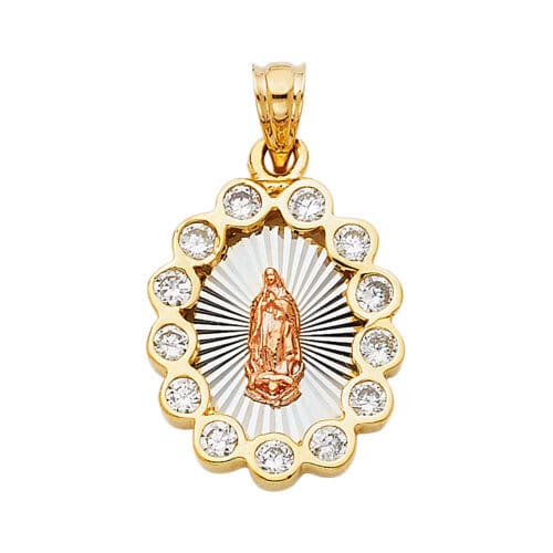 14K Tri Color Gold Cubic Zirconia Religious Guadalupe Pendant
