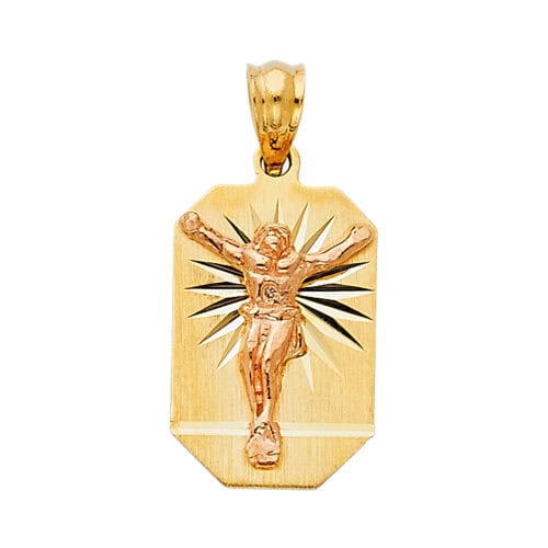 14K Two Tone Gold Religious Crucifix Stamp Pendant