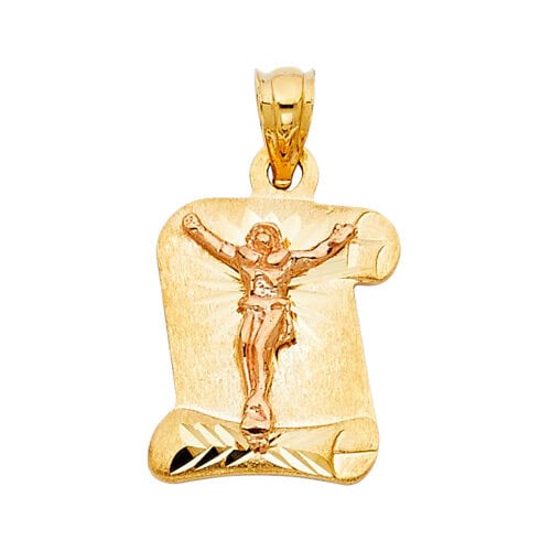14K Two Tone Gold Religious Crucifix Stamp Pendant