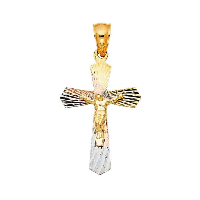 14K Tri Color Gold Religious Crucifix Stamp Pendant