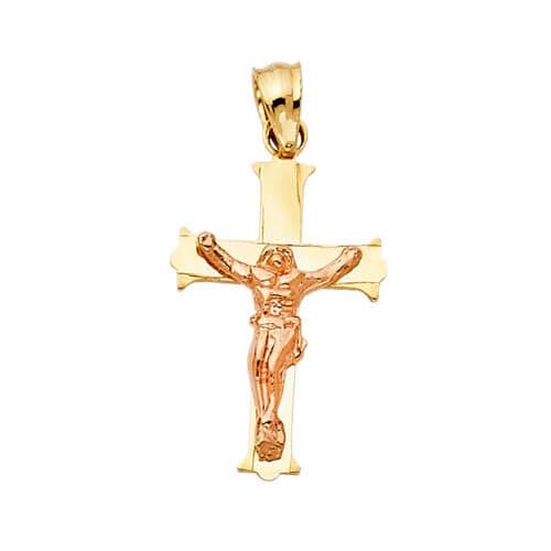 14K Two Tone Gold Religious Crucifix Stamp Pendant