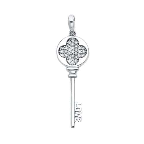 14K White Gold Cubic Zirconia Heart Design Key Pendant