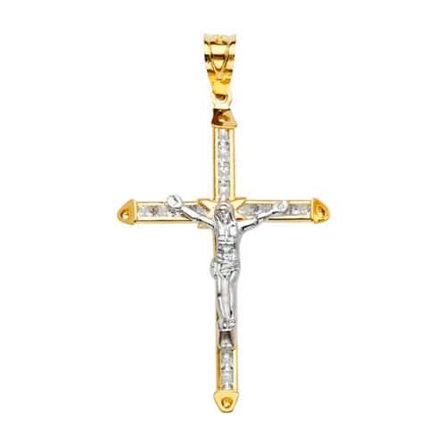 14K Two Tone Gold Cubic Zirconia Crucifix Cross Pendant