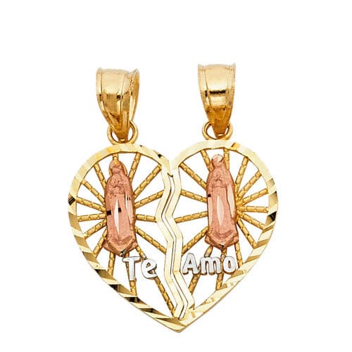 14K Two Tone Gold Religious Guadlupe Broken Heart Pendant
