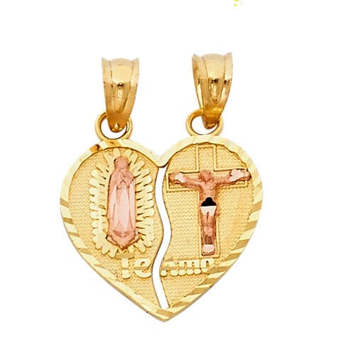 14K Two Tone Gold Religious Guadlupe Juses Broken Heart Pendant