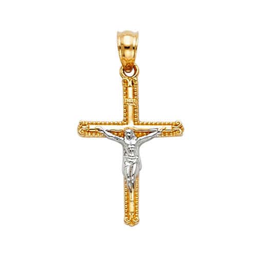 14K Two Tone Gold Jesus Crucifix Cross Religious Pendant