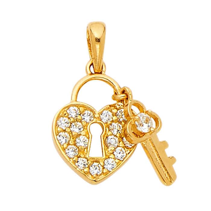 14K Yellow Gold Heart Lock & Key Cubic Zirconia Pendant
