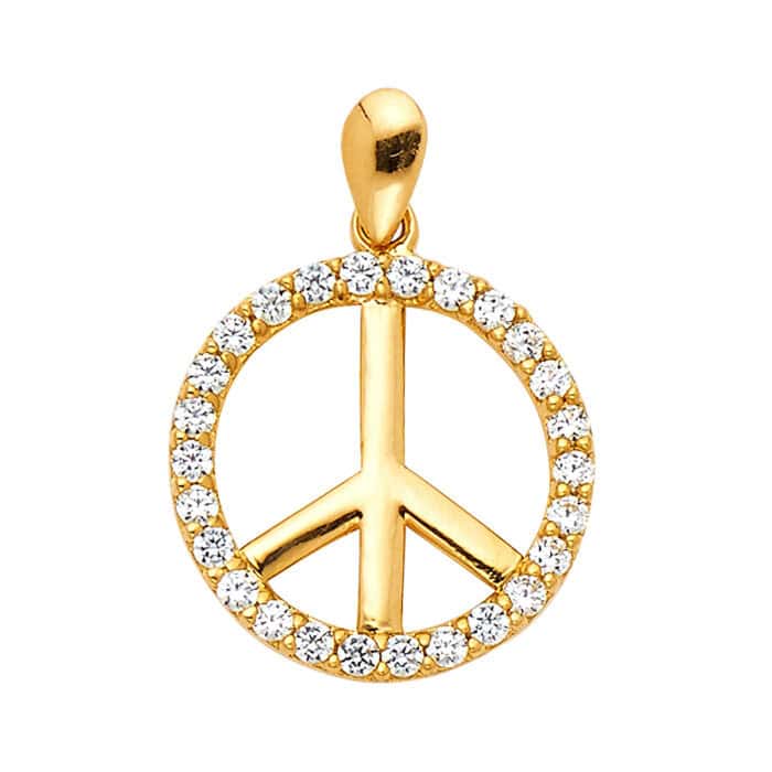 14K Yellow Gold Peace Sign Cubic Zirconia Pendant
