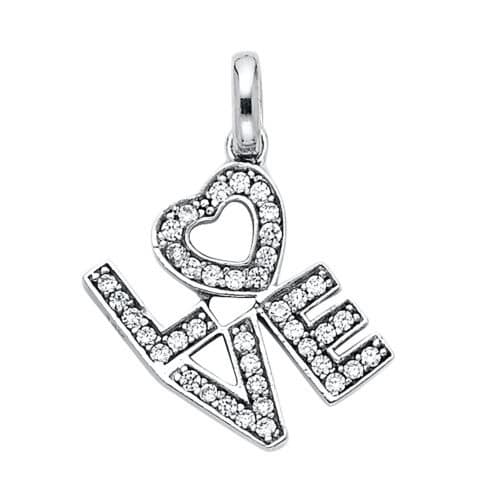 14K White Gold Cubic Zirconia "LOVE" Pendant