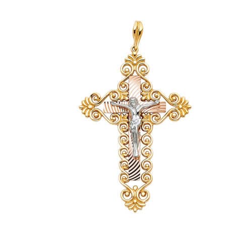 14K Tri Color Gold Religious Crucifix Pendant