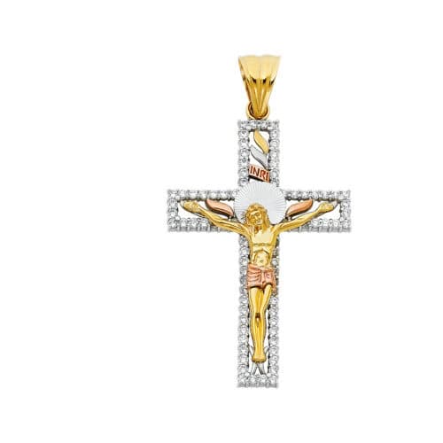 14K Tri Color Gold Cubic zirconia Religious Crucifix Pendant