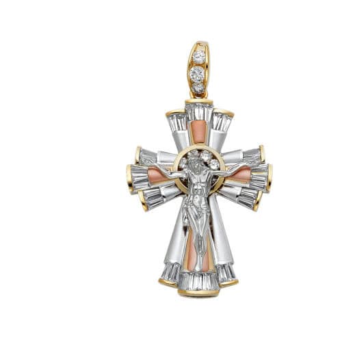 14K Tri Color Gold Cubic zirconia Religious Crucifix Pendant