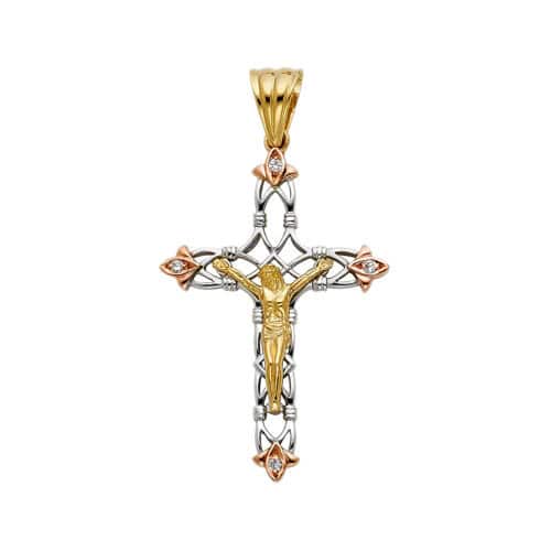 14K Tri Color Gold Cubic Zirconia Religious Crucifix Pendant