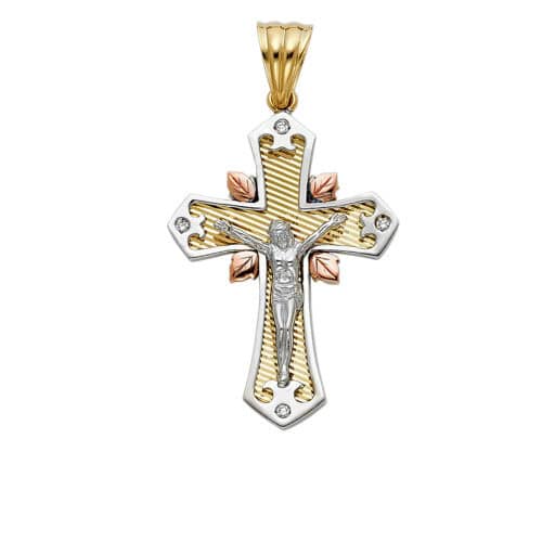 14K Tri Color Gold Cubic Zirconia Religious Crucifix Pendant