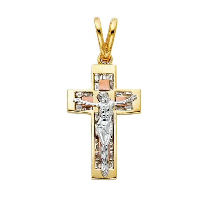 14K Tri Color Gold Cubic Zirconia Religious Crucifix Pendant