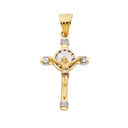 14K Tri Color Gold Cubic Zirconia  Religious Crucifix Pendant