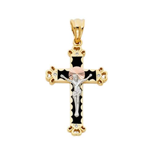 14K Tri Color Gold Cubic Zirconia  Religious Crucifix Pendant