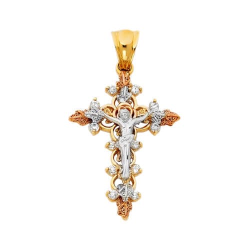 14K Tri Color Gold Cubic Zirconia  Religious Crucifix Pendant