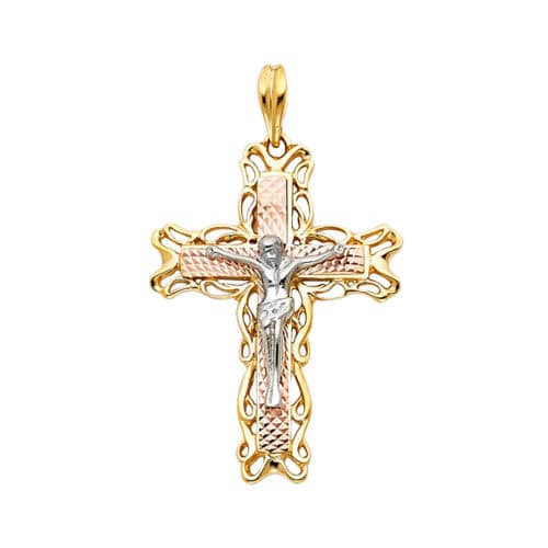 14K Tri Color Gold Religious Crucifix Pendant