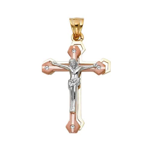 14K Tri Color Gold Religious Crucifix Pendant