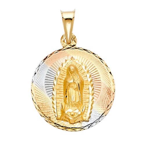 14K Tri Color Gold Diamond Cut Guadlupe Stamp Religious Pendant