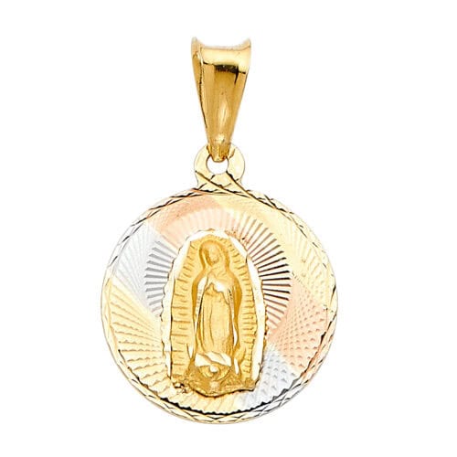14K Tri Color Gold Diamond Cut Guadlupe Stamp Religious Pendant