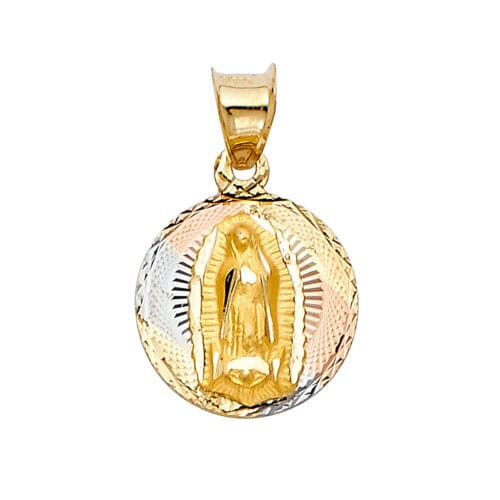 14K Tri Color Gold Diamond Cut Guadlupe Stamp Religious Pendant