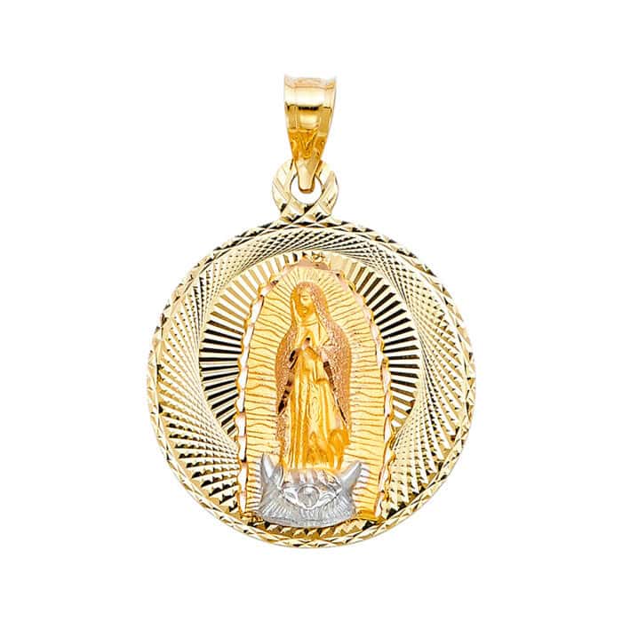 14K Tri Color Gold Diamond Cut Guadlupe Stamp Religious Pendant