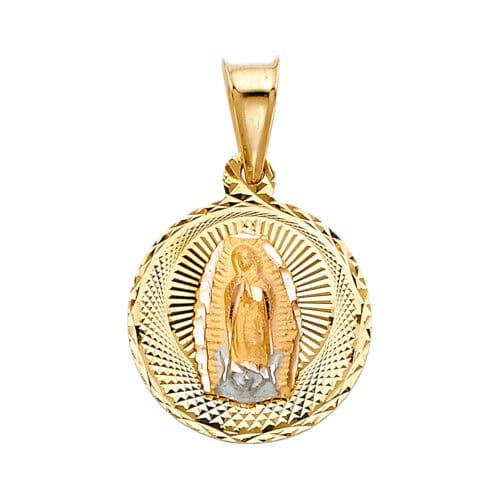 14K Tri Color Gold Diamond Cut Guadlupe Stamp Religious Pendant