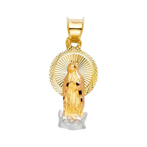 14K Tri Color Gold Diamond Cut Guadlupe Stamp Religious Pendant