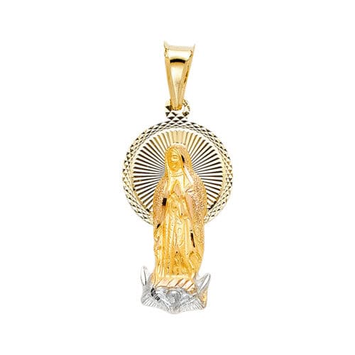 14K Tri Color Gold Diamond Cut Guadlupe Stamp Religious Pendant