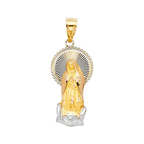 14K Tri Color Gold Diamond Cut Guadlupe Stamp Religious Pendant
