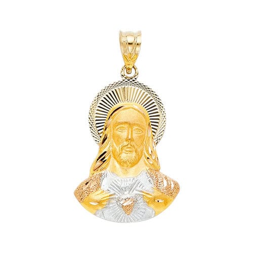 14K Tri Color Gold Diamond Cut Jesus Stamp Religious Pendant