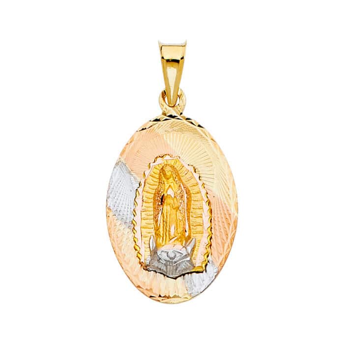 14K Tri Color Gold Diamond Cut  Guadlupe Stamp Religious Pendant