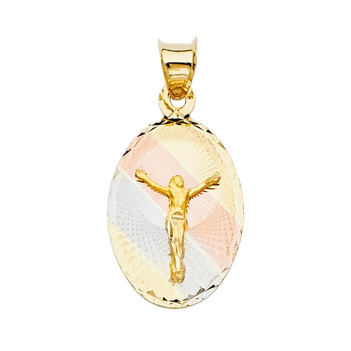 14K Tri Color Gold Diamond Cut  Jesus Stamp Religious Pendant