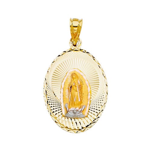 14K Tri Color Gold Diamond Cut  Guadlupe Stamp Religious Pendant