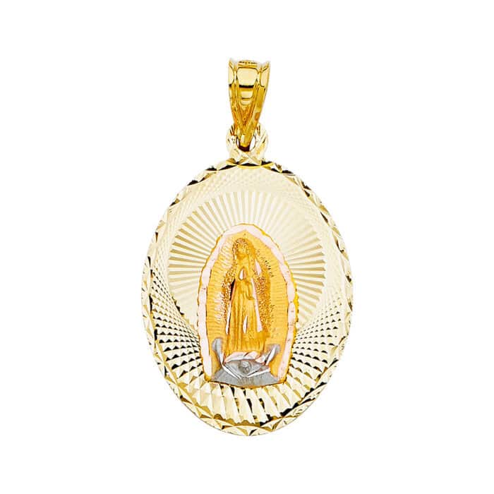 14K Tri Color Gold Diamond Cut  Guadlupe Stamp Religious Pendant