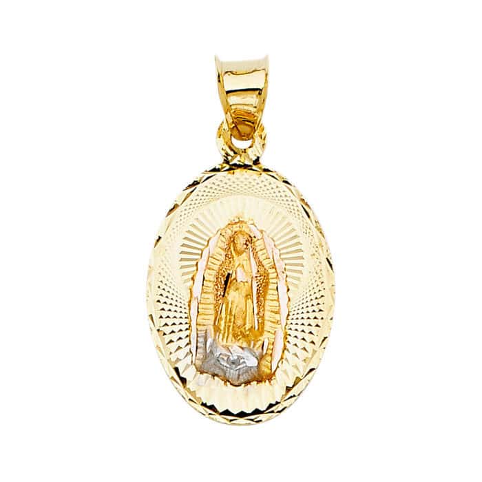 14K Tri Color Gold Diamond Cut  Guadlupe Stamp Religious Pendant