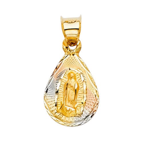 14K Tri Color Gold Diamond Cut Guadlupe Stamp Religious Pendant