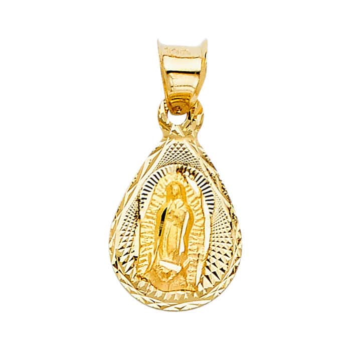 14K Yellow Gold Diamond Cut Guadlupe Stamp Religious Pendant