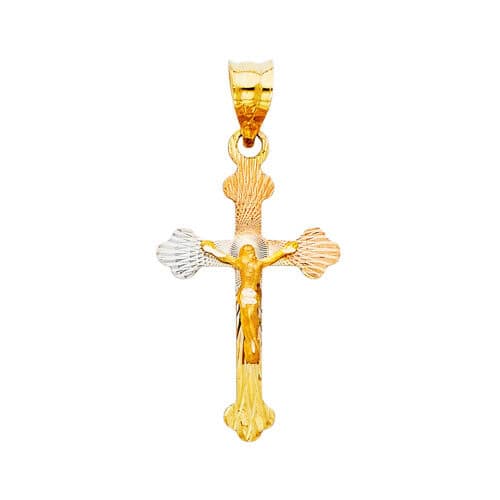 14K Tri Color Gold Diamond Cut Crucifix Jesus Cross Stamp Religious Pendant
