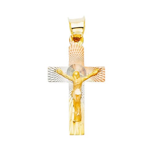 14K Tri Color Gold Diamond Cut Crucifix Jesus Cross Stamp Religious Pendant