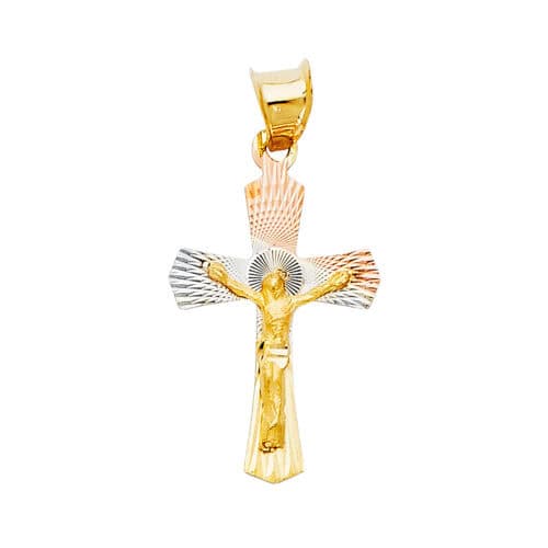 14K Tri Color Gold Diamond Cut Crucifix Jesus Cross Stamp Religious Pendant