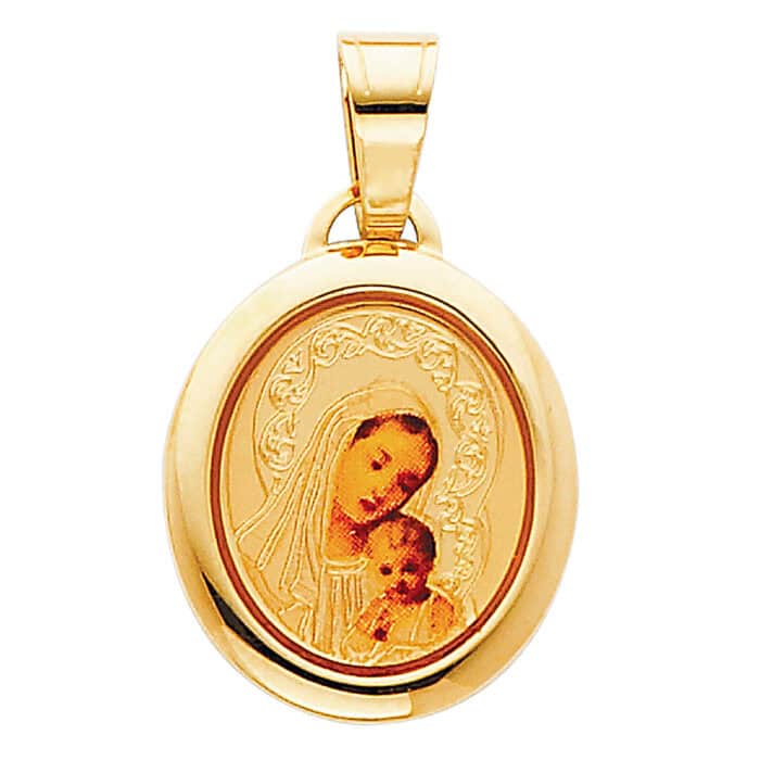 14K Yellow Gold Blessed Virgin and Baby Jesus Enamel Picture Religious Pendant