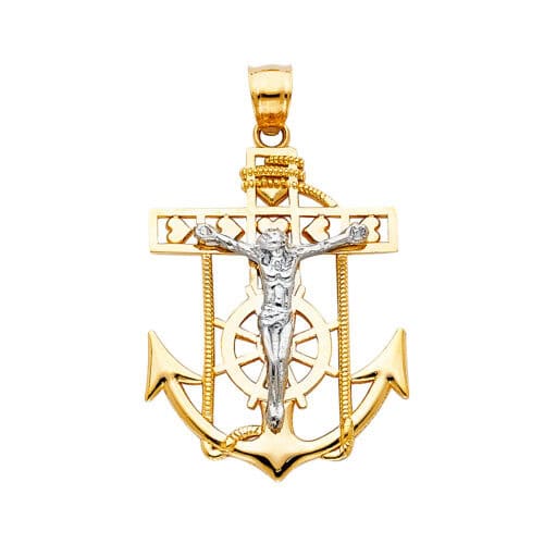 14K Two Tone Gold Jesus Crucifix Anchor Religious Pendant